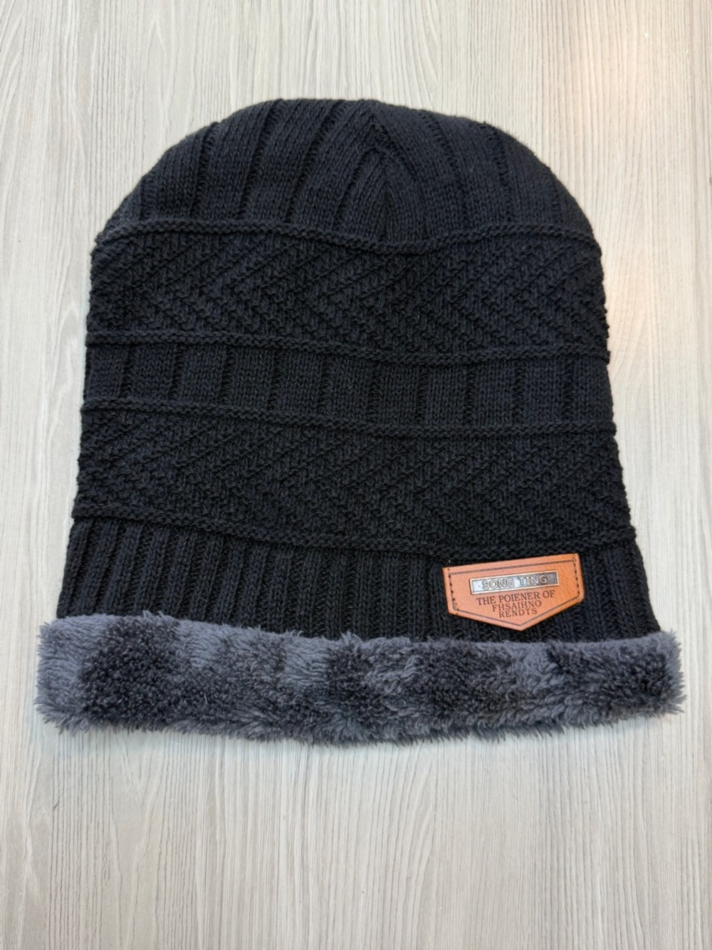 Song Ting Soft Fleece Lined Knit Beanie Hat Cap Black and Gray Color